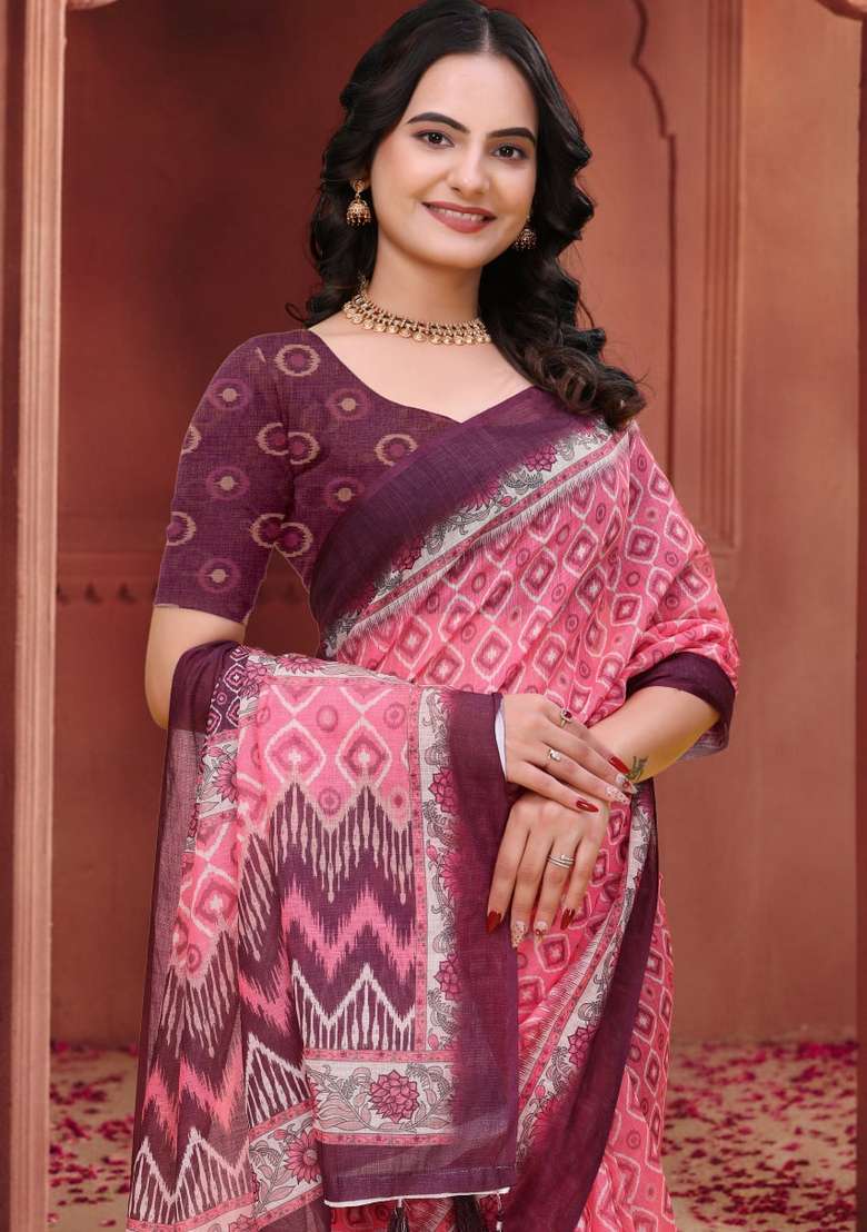 Baby Pink Zari Work Silk Blend Saree Set for Diwali and Festive Wear - Indya