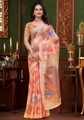 Peach Zari Work Silk Blend Saree Set