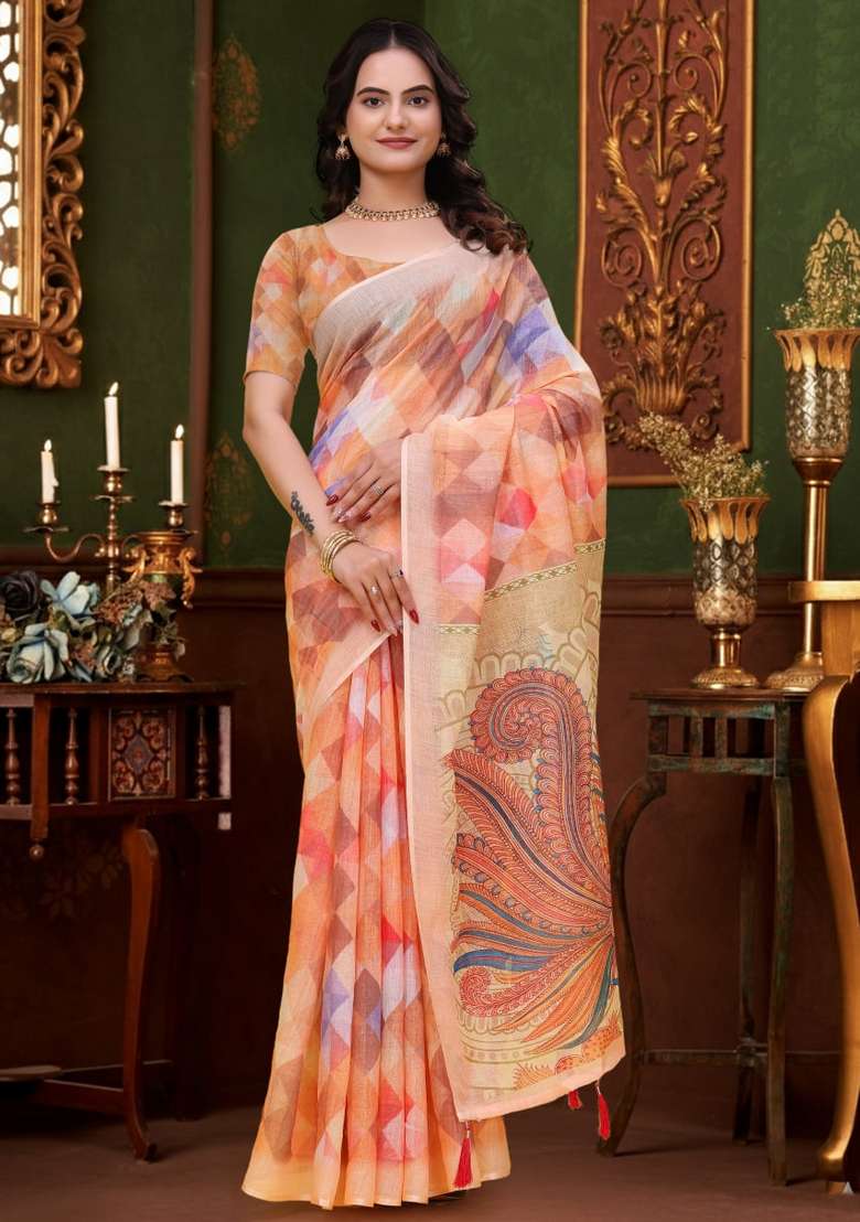Peach Silk Blend Saree Set with Zari Work for Diwali | Wedding & Festive Wear - Indya