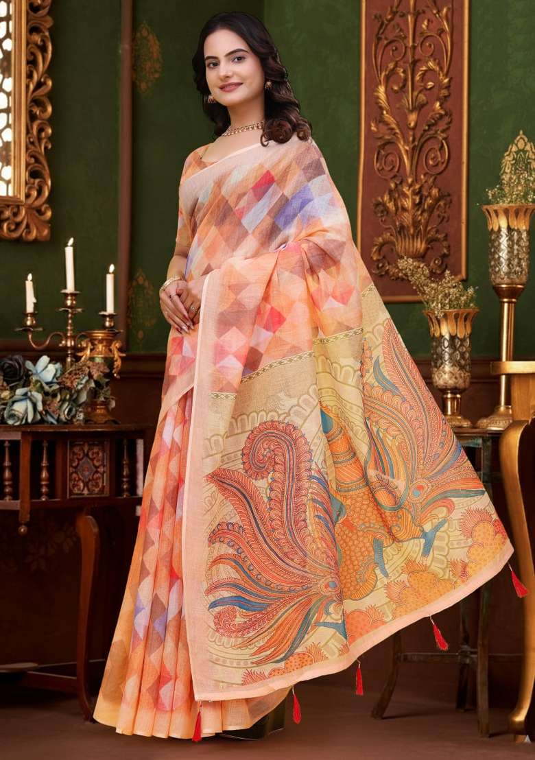 Peach Silk Blend Saree Set with Zari Work for Diwali | Wedding & Festive Wear - Indya