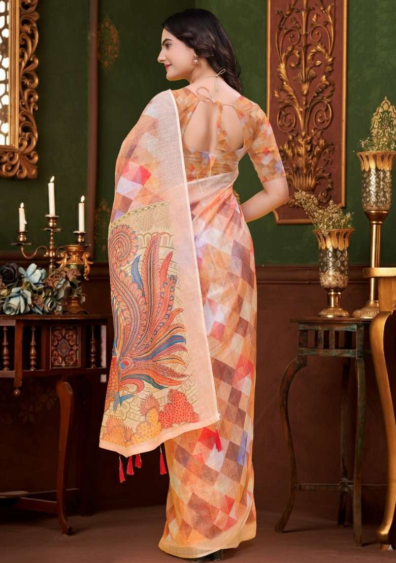 Peach Silk Blend Saree Set with Zari Work for Diwali | Wedding & Festive Wear - Indya