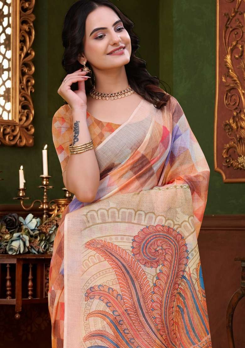 Peach Silk Blend Saree Set with Zari Work for Diwali | Wedding & Festive Wear - Indya