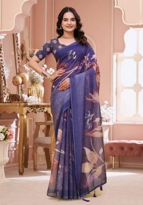 Purple Zari Work Silk Blend Saree Set