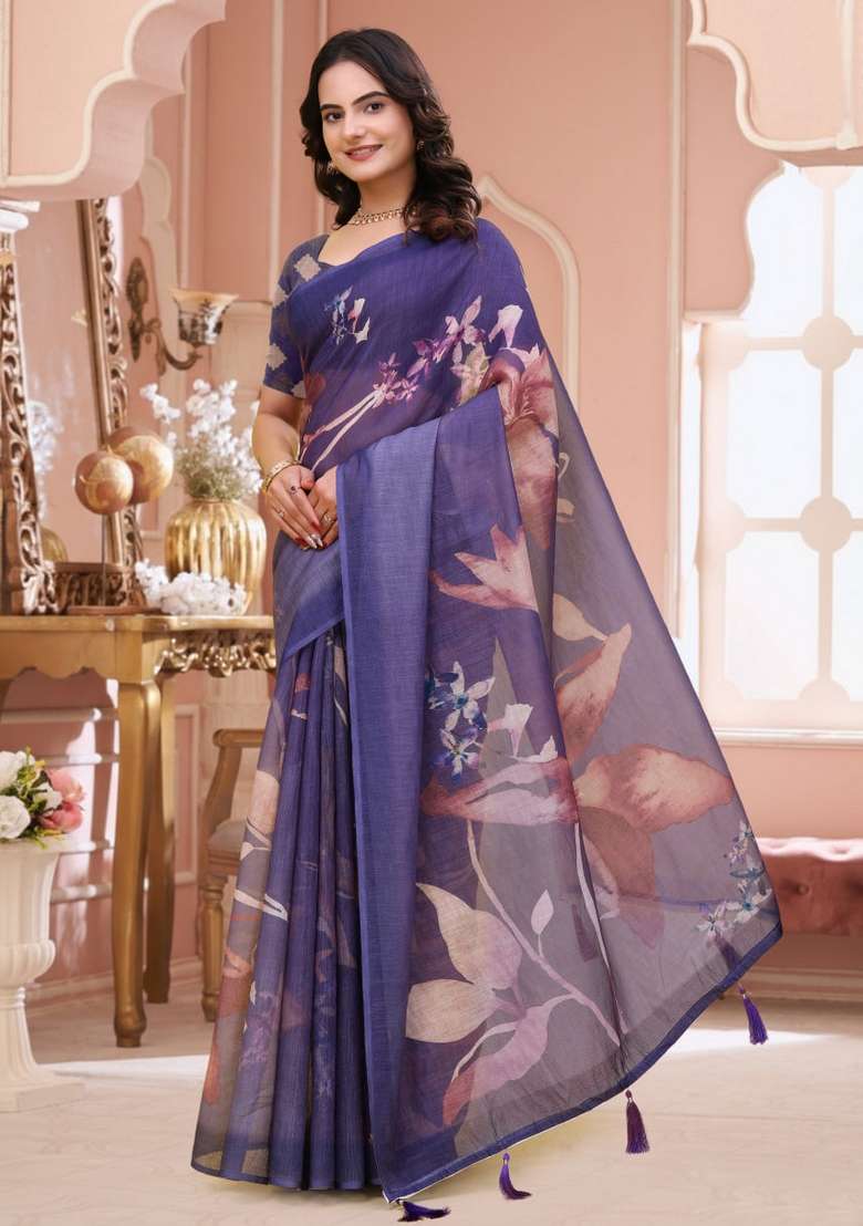 Purple Silk Blend Saree Set with Zari Work for Diwali | Wedding & Festive Wear - Indya