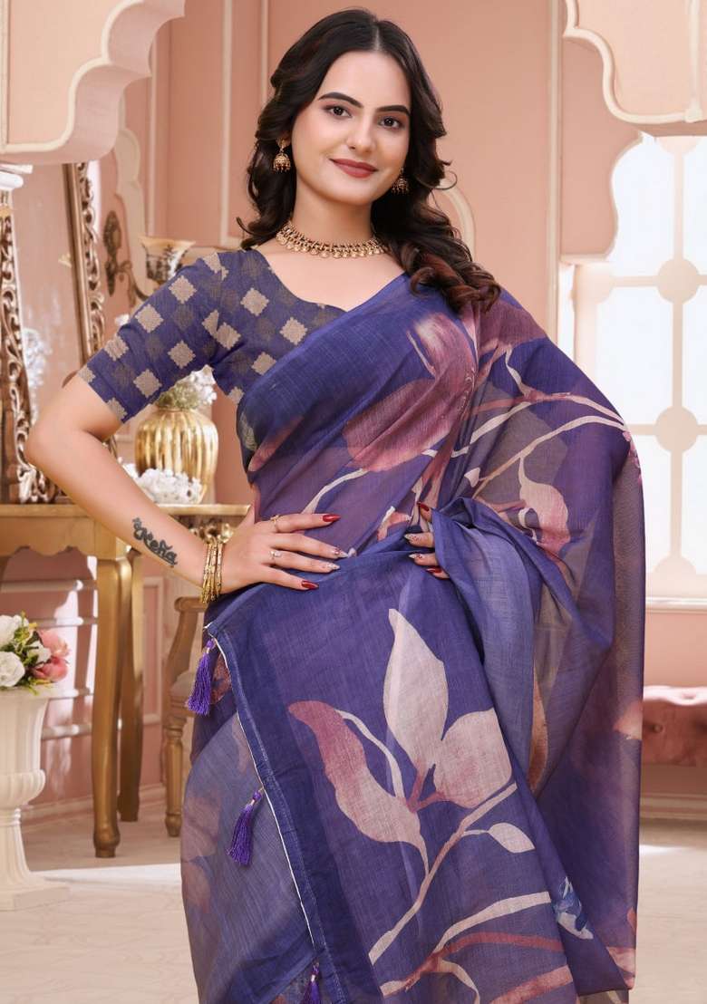 Purple Silk Blend Saree Set with Zari Work for Diwali | Wedding & Festive Wear - Indya