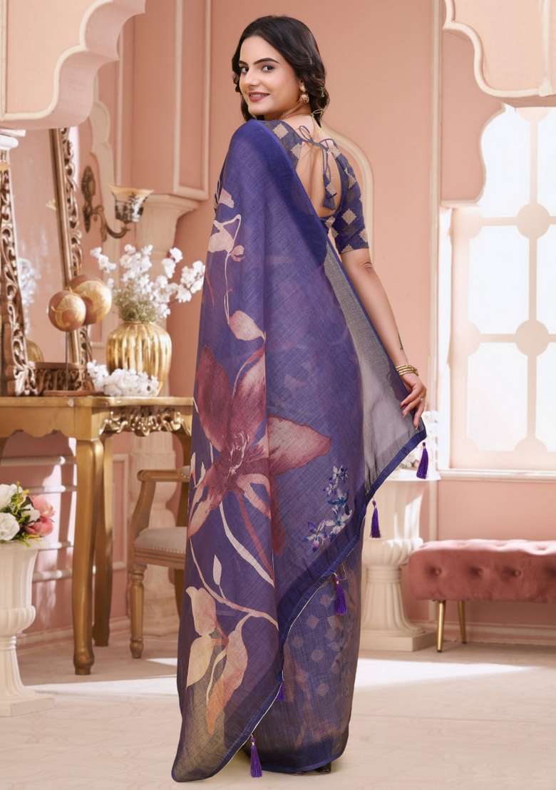Purple Silk Blend Saree Set with Zari Work for Diwali | Wedding & Festive Wear - Indya