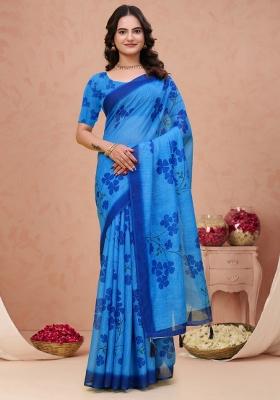 Royal Blue Zari Work Silk Blend Saree Set