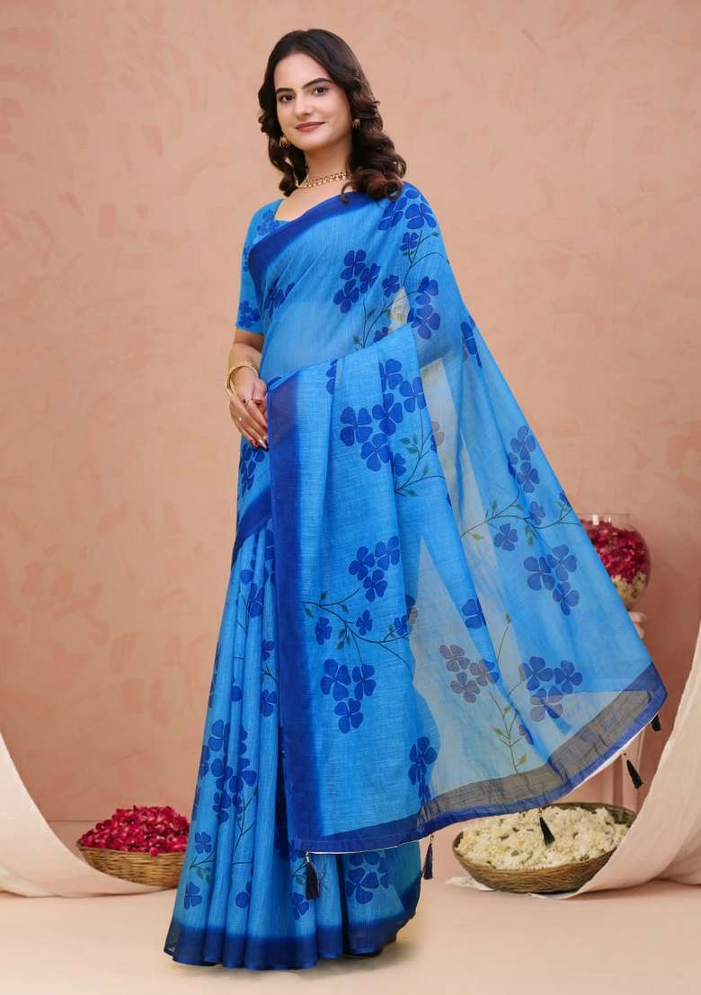 Royal Blue Zari Work Silk Blend Saree Set for Diwali and Festive Wear - Indya