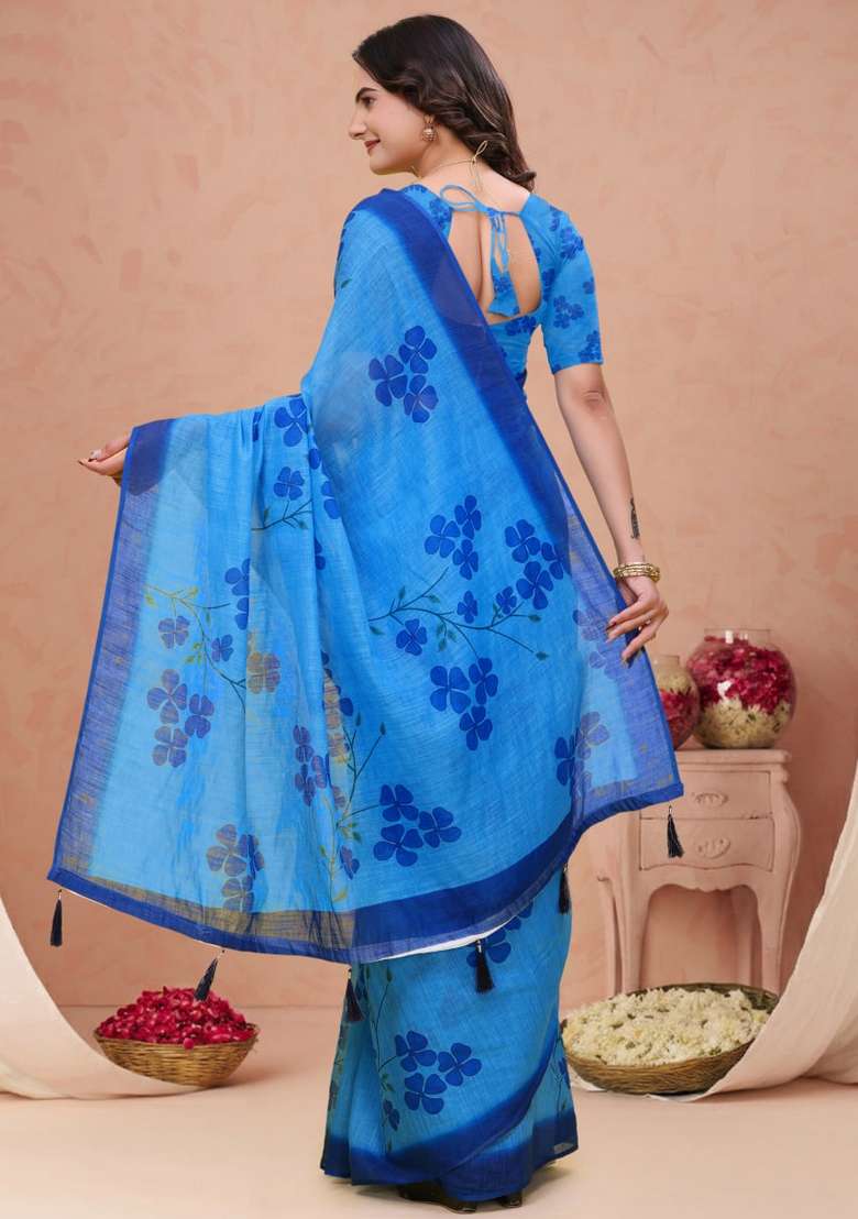 Royal Blue Zari Work Silk Blend Saree Set for Diwali and Festive Wear - Indya