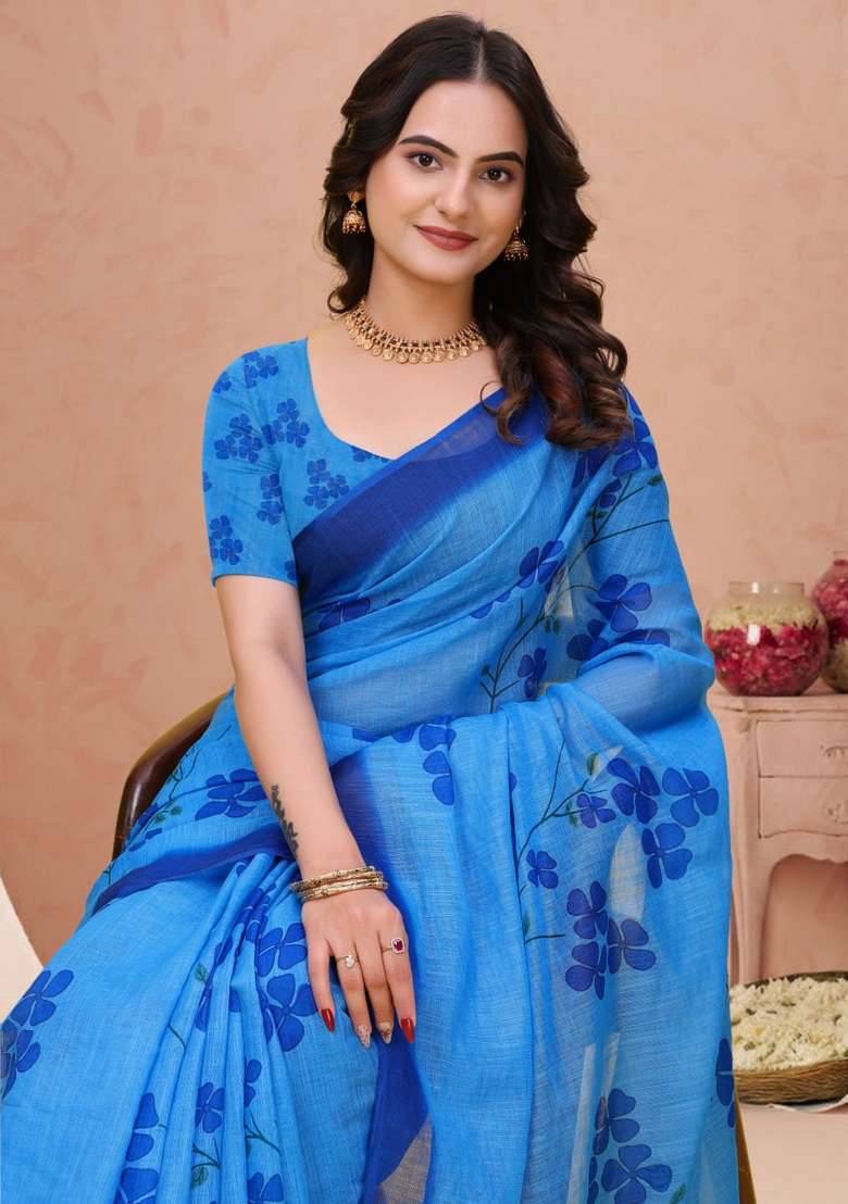 Royal Blue Zari Work Silk Blend Saree Set for Diwali and Festive Wear - Indya