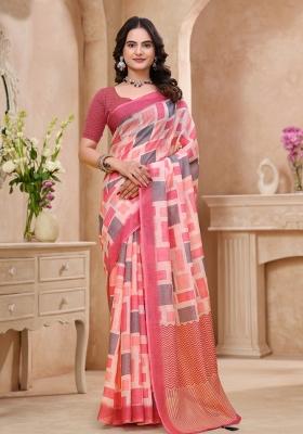 Baby Pink Zari Work Silk Blend Saree Set