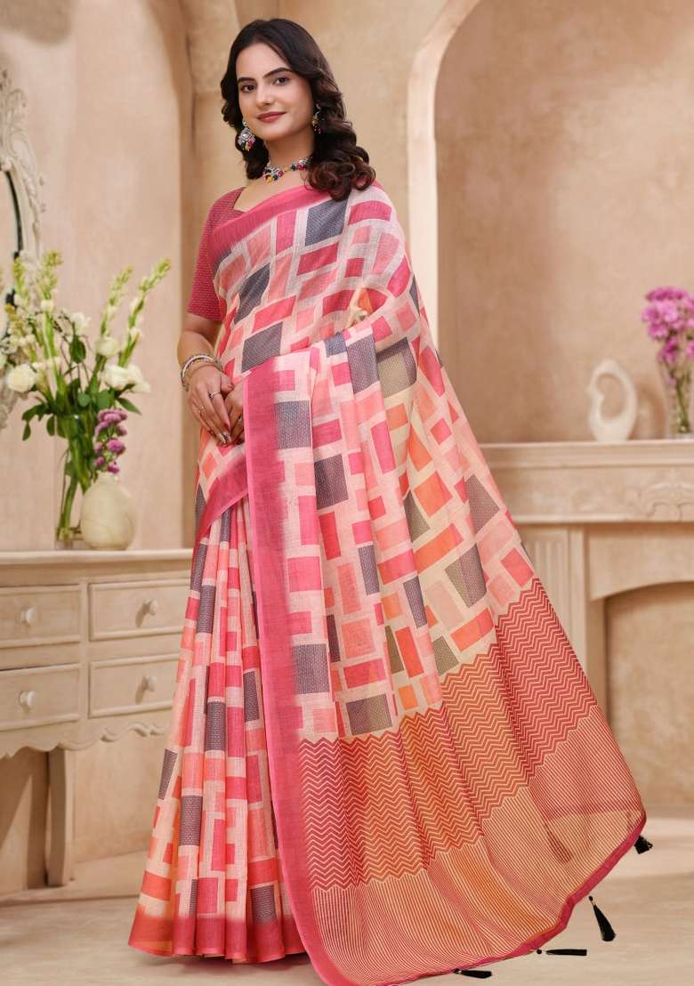 Baby Pink Zari Work Silk Blend Saree Set for Diwali and Festive Wear - Indya