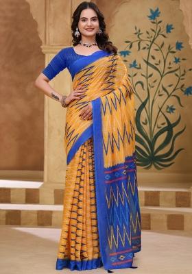 Yellow Zari Work Silk Blend Saree Set