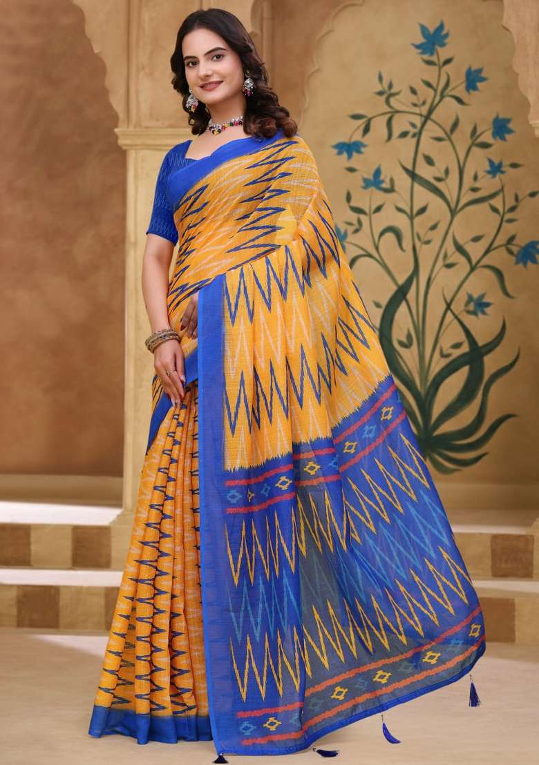Yellow Silk Blend Saree Set with Zari Work for Diwali | Wedding & Festive Wear - Indya