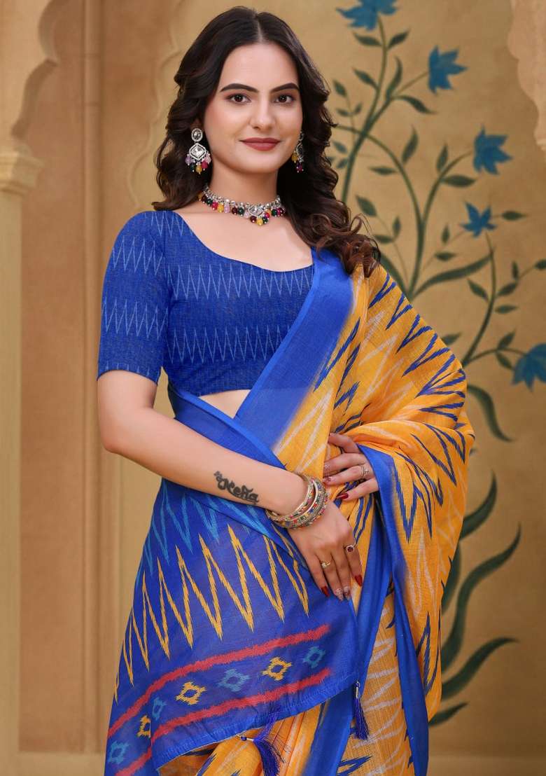 Yellow Silk Blend Saree Set with Zari Work for Diwali | Wedding & Festive Wear - Indya