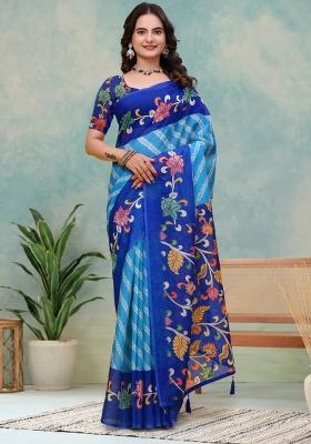 Teal Zari Work Silk Blend Saree Set