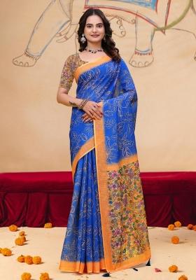 Blue Zari Work Silk Blend Saree Set