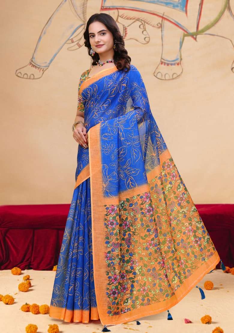 Blue Silk Blend Saree Set with Zari Work for Diwali | Wedding & Festive Wear - Indya