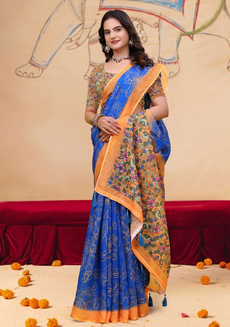 Blue Silk Blend Saree Set with Zari Work for Diwali | Wedding & Festive Wear - Indya