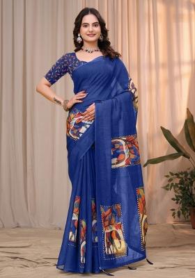 Blue Zari Work Silk Blend Saree Set