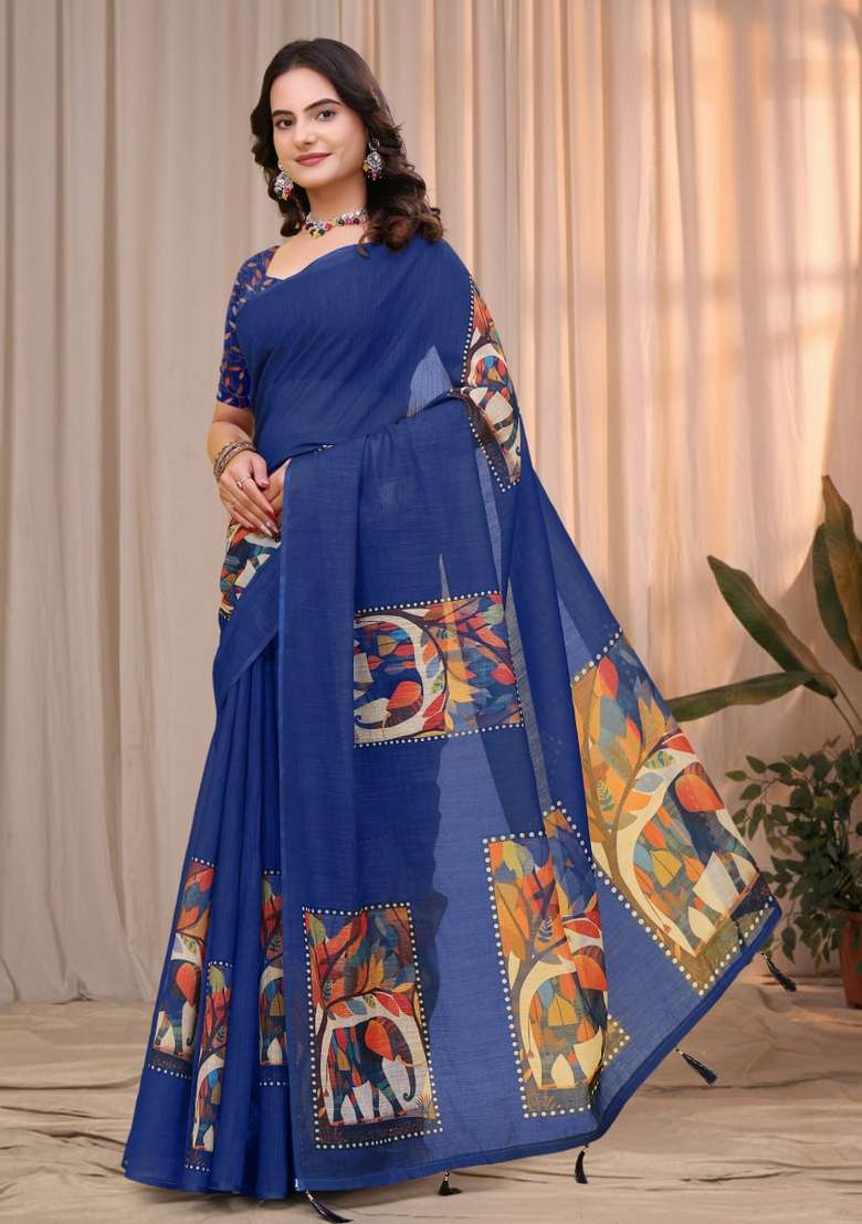 Blue Silk Blend Saree Set with Zari Work for Diwali | Wedding & Festive Wear - Indya