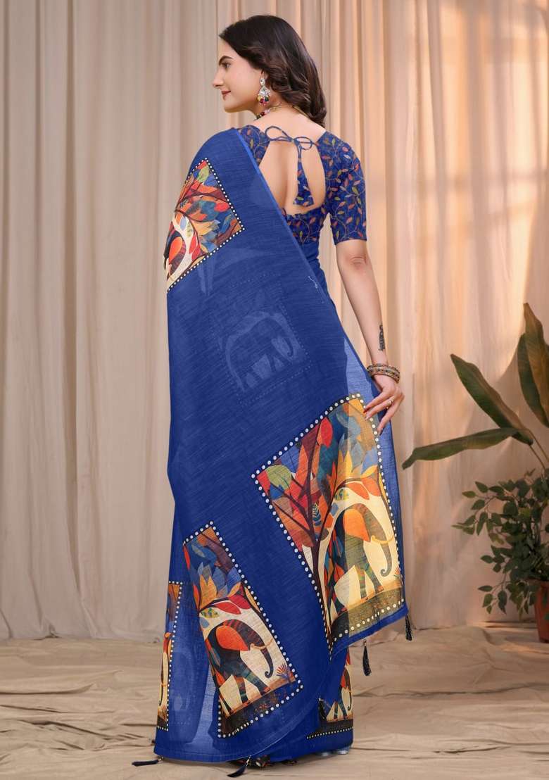 Blue Silk Blend Saree Set with Zari Work for Diwali | Wedding & Festive Wear - Indya