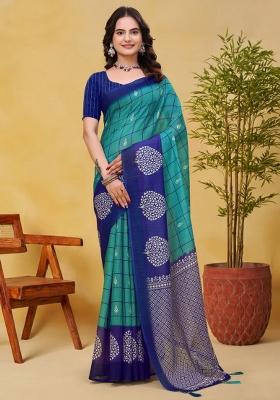 Teal Zari Work Silk Blend Saree Set