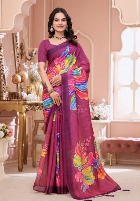 Pink Zari Work Silk Blend Saree Set
