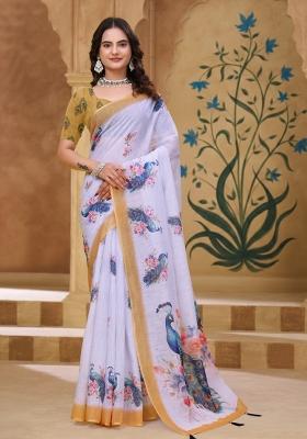White Zari Work Silk Blend Saree Set