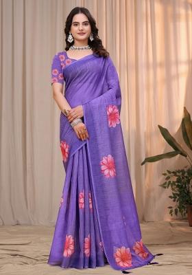 Lavender Zari Work Silk Blend Saree Set