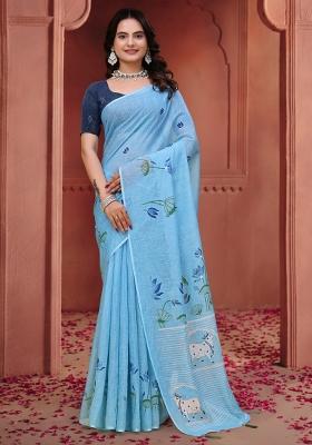 Sky Blue Zari Work Silk Blend Saree Set