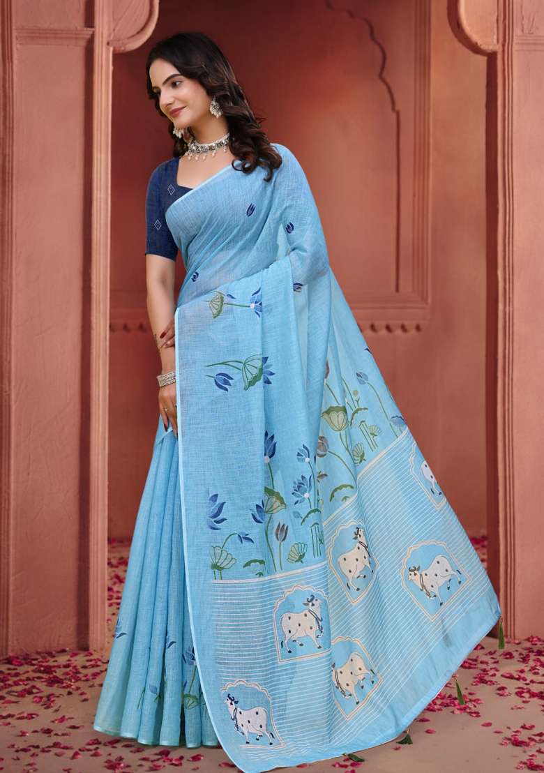 Sky Blue Zari Work Silk Blend Saree Set for Diwali and Festive Wear - Indya