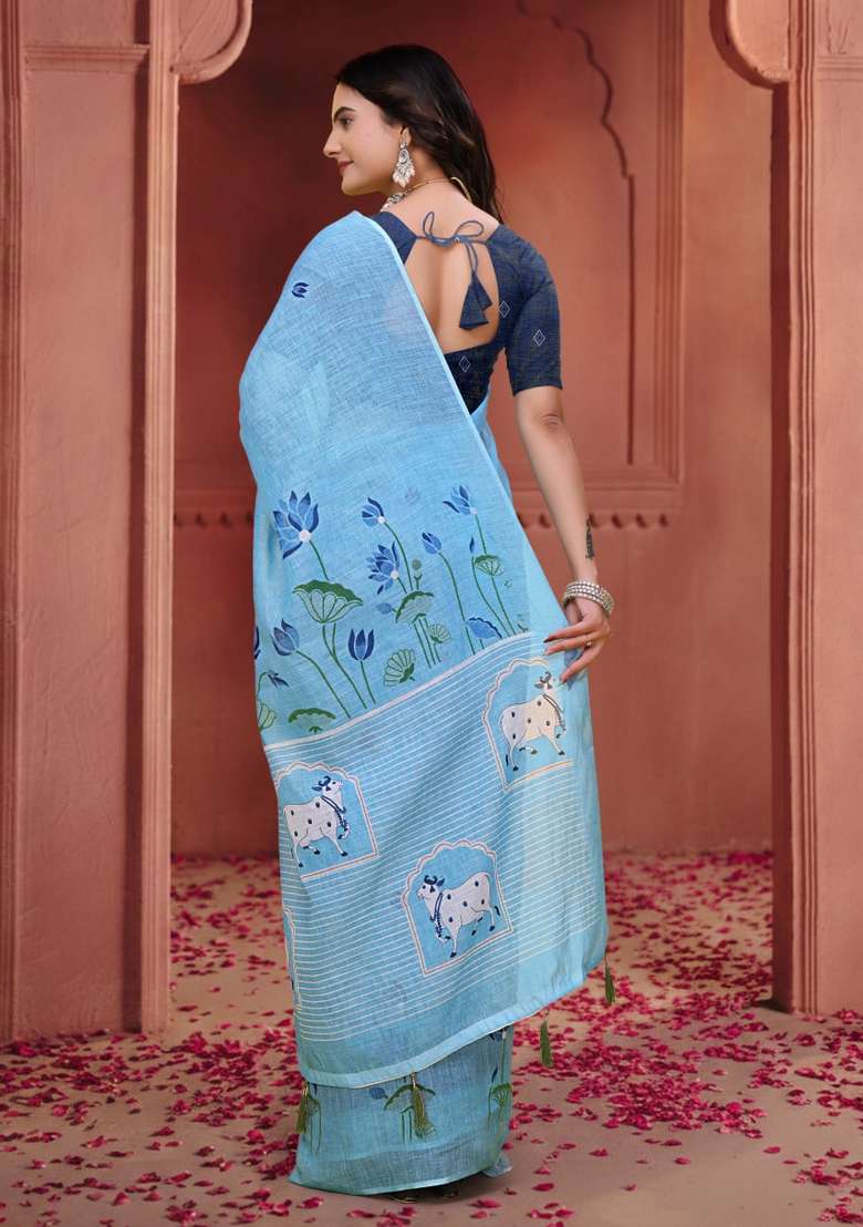 Sky Blue Zari Work Silk Blend Saree Set for Diwali and Festive Wear - Indya