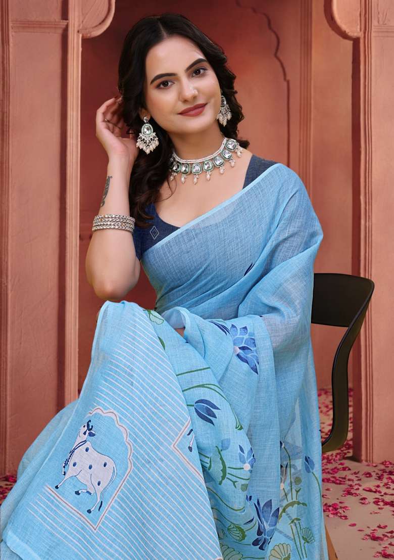 Sky Blue Zari Work Silk Blend Saree Set for Diwali and Festive Wear - Indya