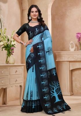 Sky Blue Zari Work Silk Blend Saree Set