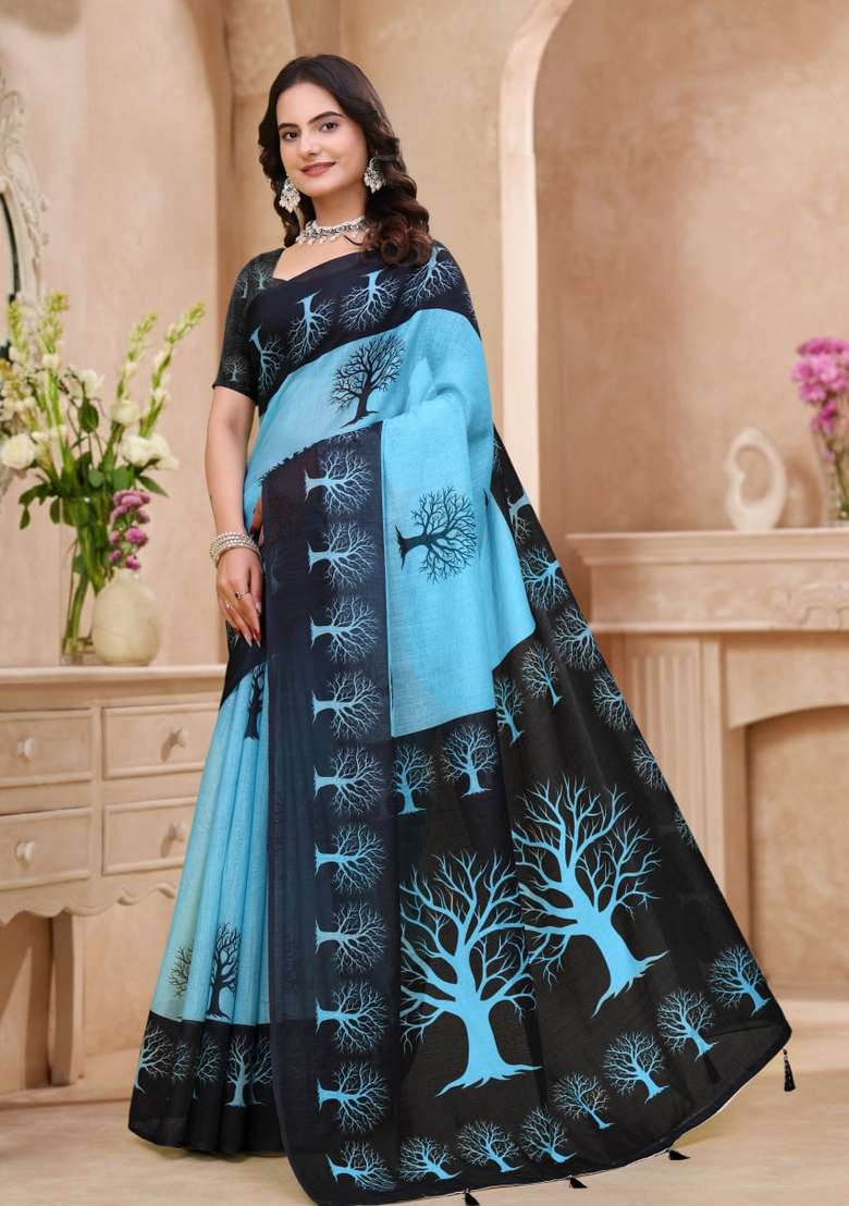 Sky Blue Zari Work Silk Blend Saree Set for Diwali and Festive Wear - Indya