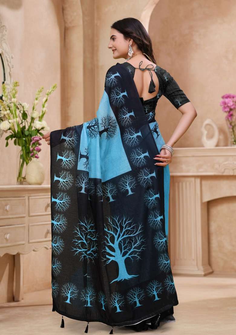 Sky Blue Zari Work Silk Blend Saree Set for Diwali and Festive Wear - Indya