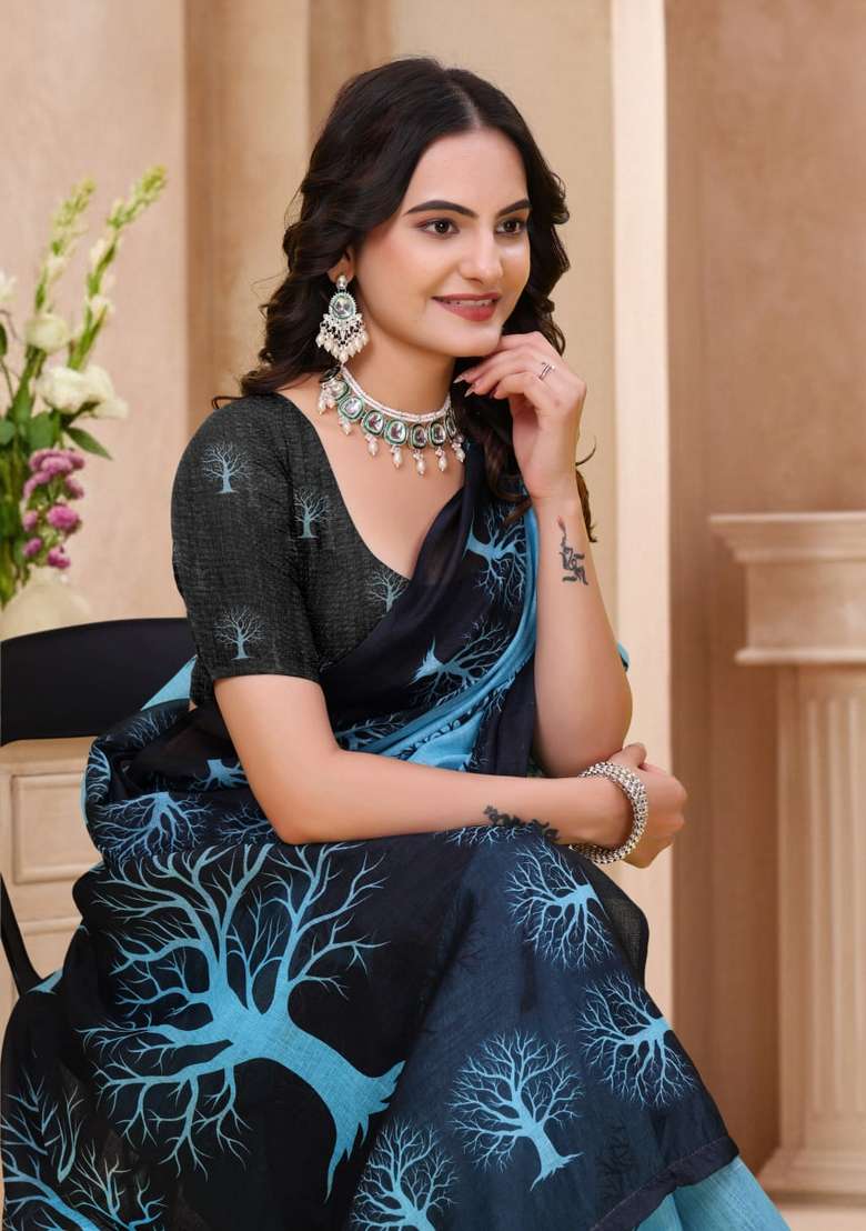 Sky Blue Zari Work Silk Blend Saree Set for Diwali and Festive Wear - Indya