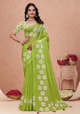 Parrot Green Zari Work Silk Blend Saree Set
