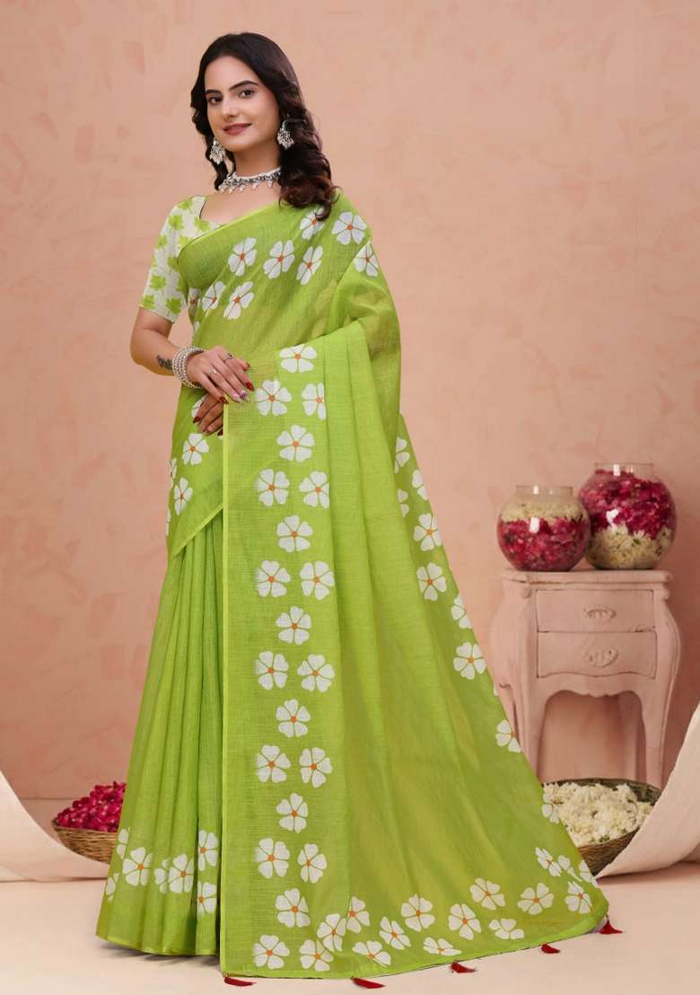 Parrot Green Zari Work Silk Blend Saree Set for Diwali and Festive Wear - Indya