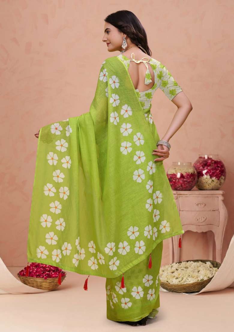 Parrot Green Zari Work Silk Blend Saree Set for Diwali and Festive Wear - Indya