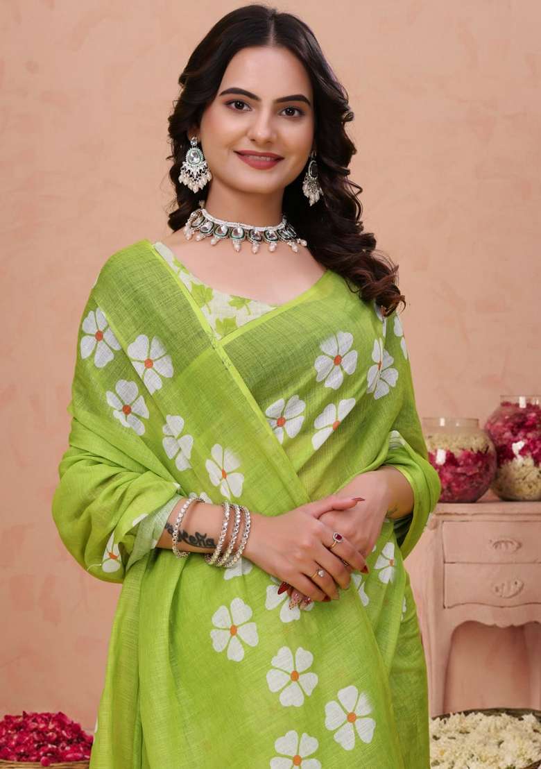Parrot Green Zari Work Silk Blend Saree Set for Diwali and Festive Wear - Indya