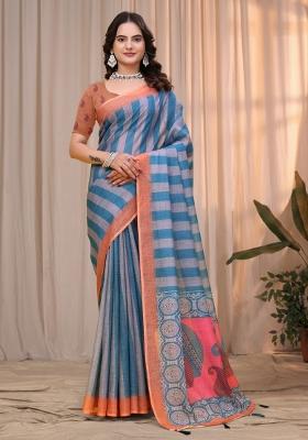 Teal Zari Work Silk Blend Saree Set
