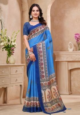 Sky Blue Zari Work Silk Blend Saree Set