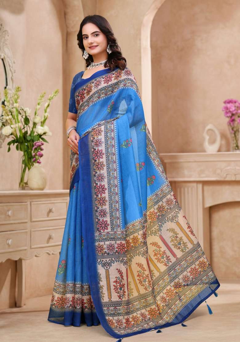 Sky Blue Zari Work Silk Blend Saree Set for Diwali and Festive Wear - Indya