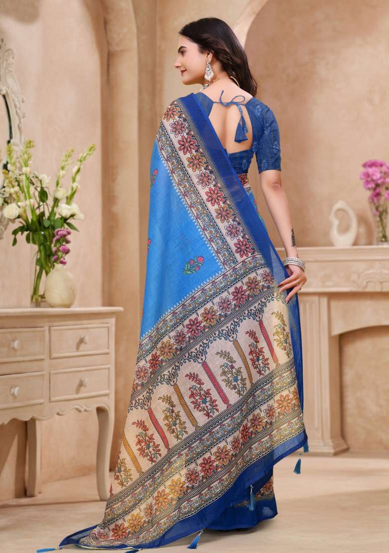 Sky Blue Zari Work Silk Blend Saree Set for Diwali and Festive Wear - Indya