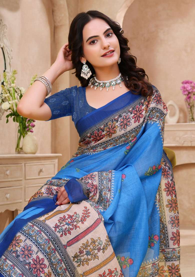 Sky Blue Zari Work Silk Blend Saree Set for Diwali and Festive Wear - Indya