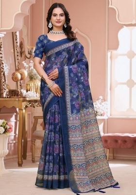 Navy Blue Zari Work Silk Blend Saree Set