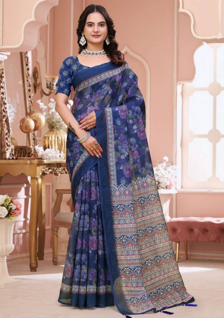 Navy Blue Silk Blend Saree Set with Zari Work for Diwali | Wedding & Festive Wear - Indya