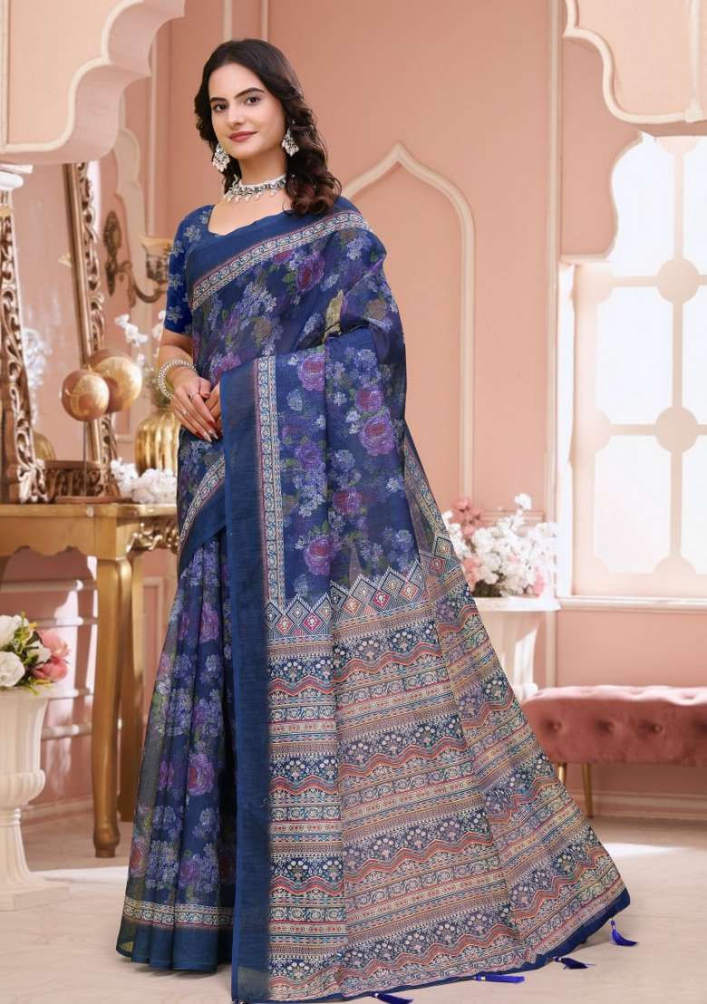 Navy Blue Silk Blend Saree Set with Zari Work for Diwali | Wedding & Festive Wear - Indya